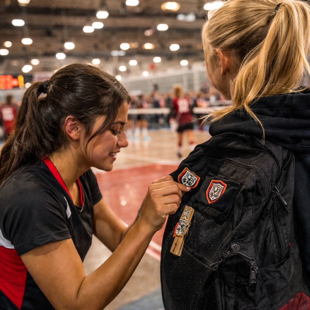 Girls volleyball player secretly clipping a Play Cocky clothespin with a QR code onto a teammate’s backpack during a club volleyball tournament.