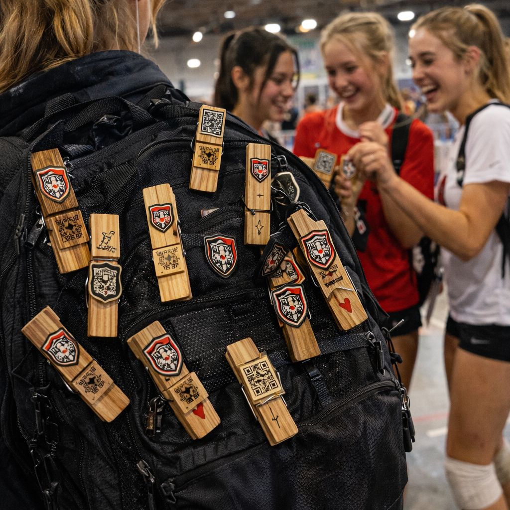 Volleyball player backpack covered in Play Cocky clipping pins during a club volleyball tournament as teammates laugh and trade clips in the background.