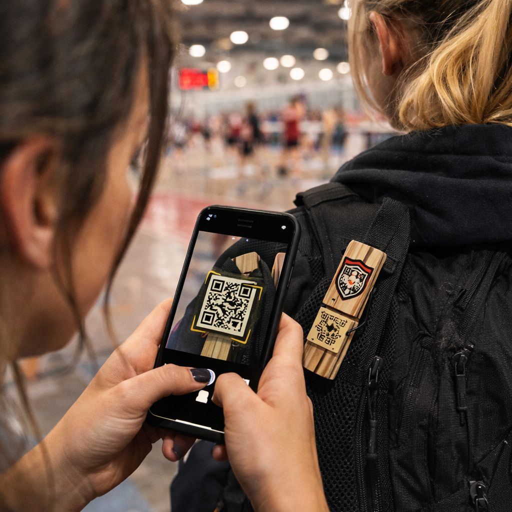 Girls volleyball player scanning a QR code on a Play Cocky clothespin attached to a teammate’s backpack during a club volleyball tournament.